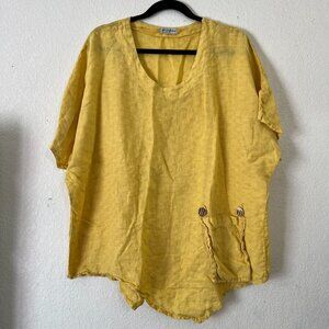 New Collection Women Linen Eyelet Blouse Top Asymmetric Hem Yellow Made in Italy